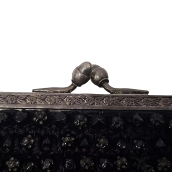 Antique Vintage 1920's Art Deco Beaded Black Flapper Handbag Purse Bag - Picture 7 of 11